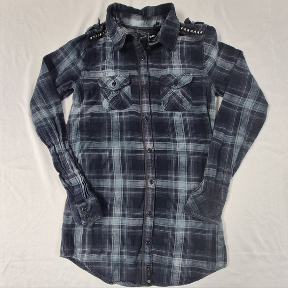 Miss Me Tops - Miss Me Womens M Plaid Flannel Long Slv Button Up Shirt Blue Tunic Length Studed